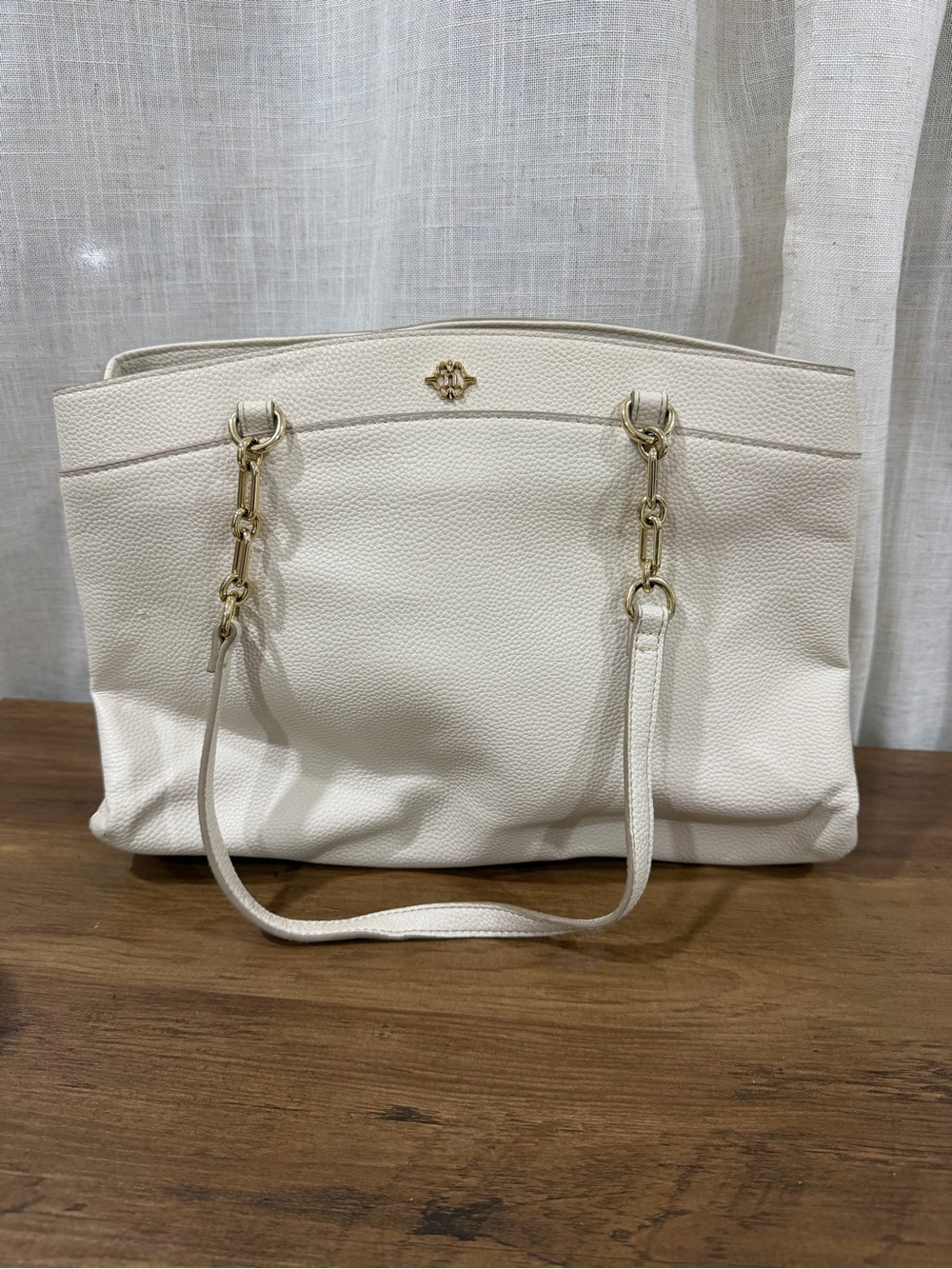 Nanette Lepore Ivory Tote Bag with Gold-Tone Chain Detail